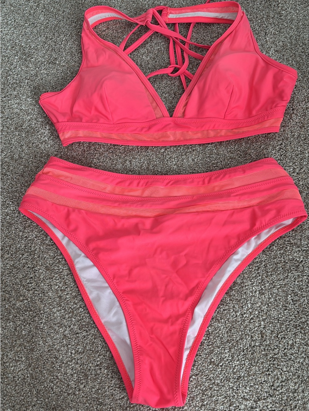 High-Waist Strappy Bikini Set in Neon Coral